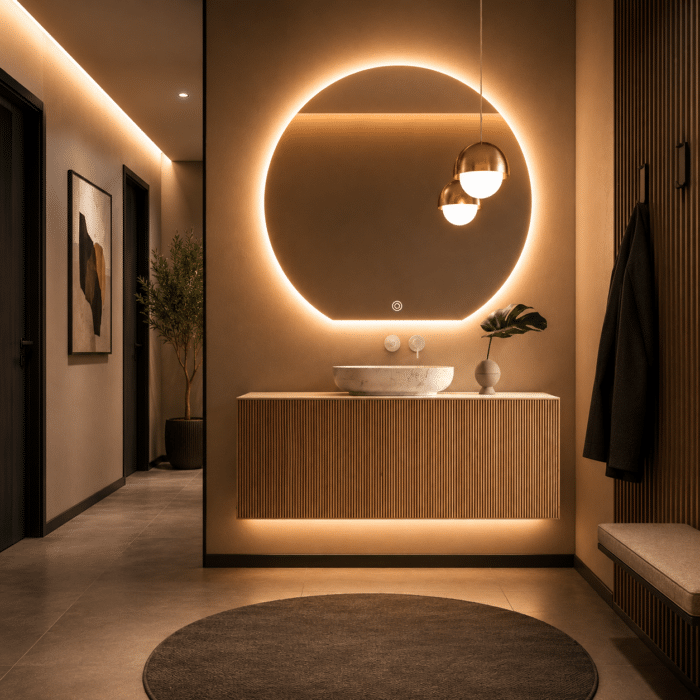 Oglindă LED Premium Semirotundă, Bază Dreaptă, 80x75 cm, Touch, Dimabilă, 3 Tipuri de Lumină, Copper-Free - imagine 8