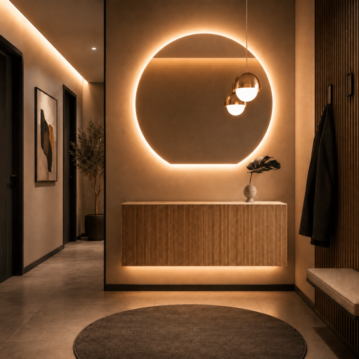 Oglindă LED Premium Semirotundă, Bază Dreaptă, 80x75 cm, Touch, Dimabilă, 3 Tipuri de Lumină, Copper-Free - imagine 2