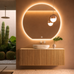 Oglindă LED Premium Semirotundă, Bază Dreaptă, 80x75 cm, Touch, Dimabilă, 3 Tipuri de Lumină, Copper-Free - imagine 6