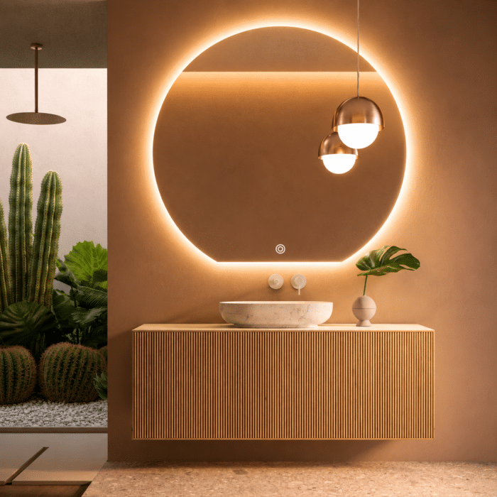 Oglindă LED Premium Semirotundă, Bază Dreaptă, 80x75 cm, Touch, Dimabilă, 3 Tipuri de Lumină, Copper-Free - imagine 6