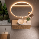 Oglindă LED Premium Semirotundă, Bază Dreaptă, 80x75 cm, Touch, Dimabilă, 3 Tipuri de Lumină, Copper-Free - imagine 4