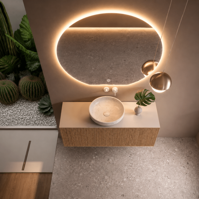Oglindă LED Premium Semirotundă, Bază Dreaptă, 80x75 cm, Touch, Dimabilă, 3 Tipuri de Lumină, Copper-Free - imagine 4