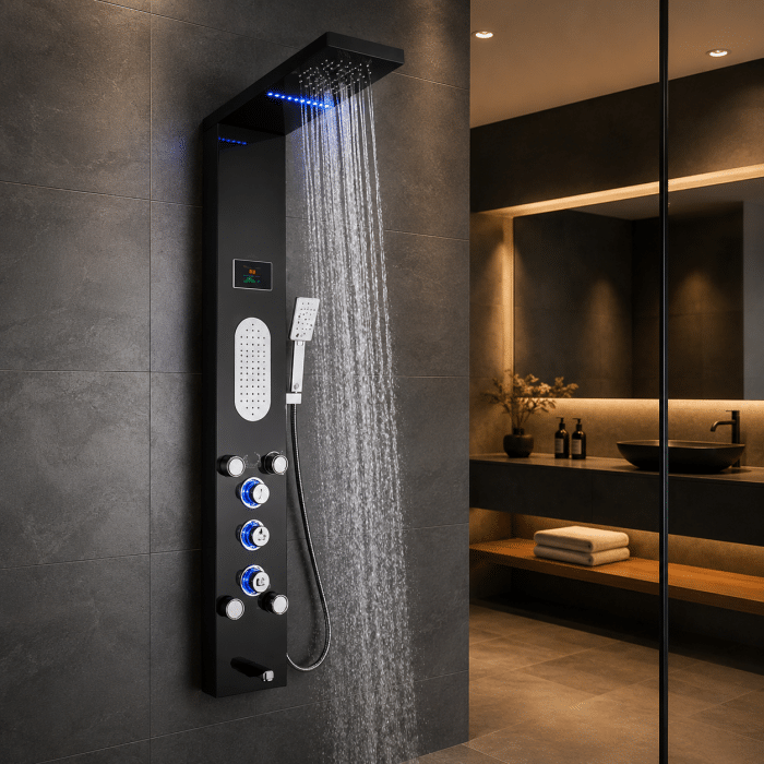 Panel de Duș cu 5 Jeturi Hidromasaj, Afișaj Digital și LED, Negru/Crom - imagine 3