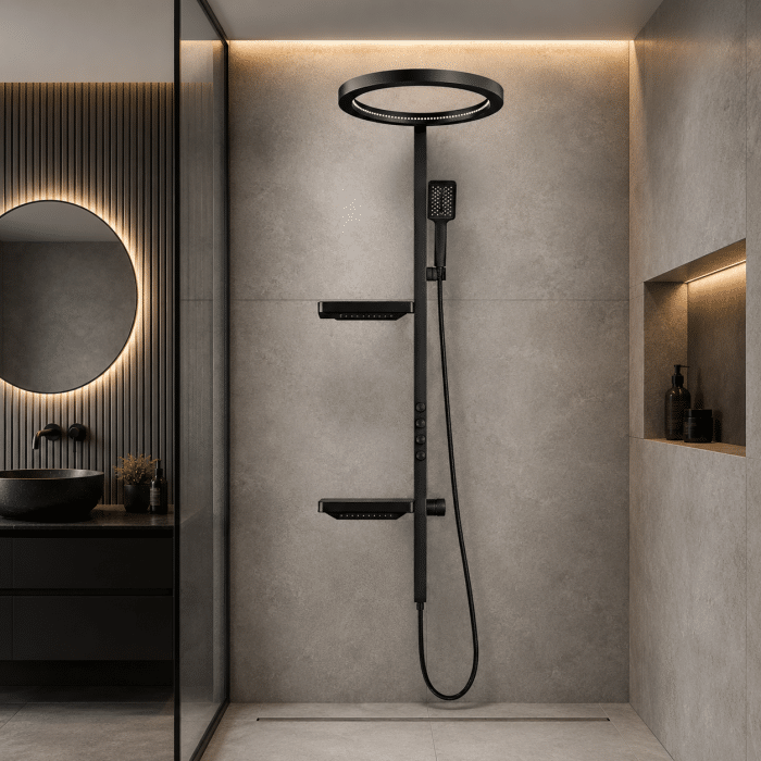 Panel de Dus cu Efect de Cascada si Jeturi cu Masaj, Negru - imagine 3