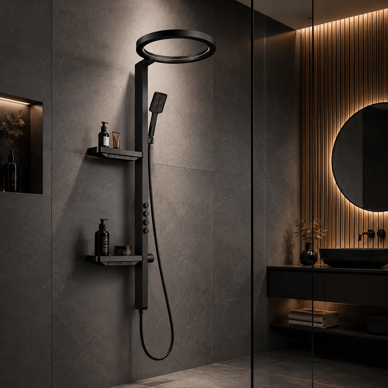 Panel de Dus cu Efect de Cascada si Jeturi cu Masaj, Negru (3) Panel de Dus cu Efect de Cascada si Jeturi cu Masaj, Negru - imagine 1
