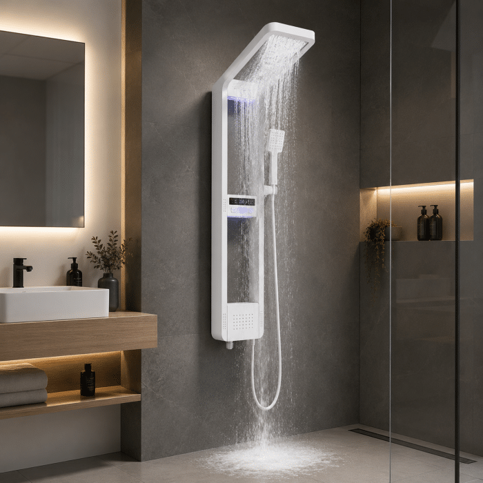 Panel de Dus cu Efect de Cascata si Jeturi cu Masaj, Afisaj Digital, LED Incorporat, Alb - imagine 3