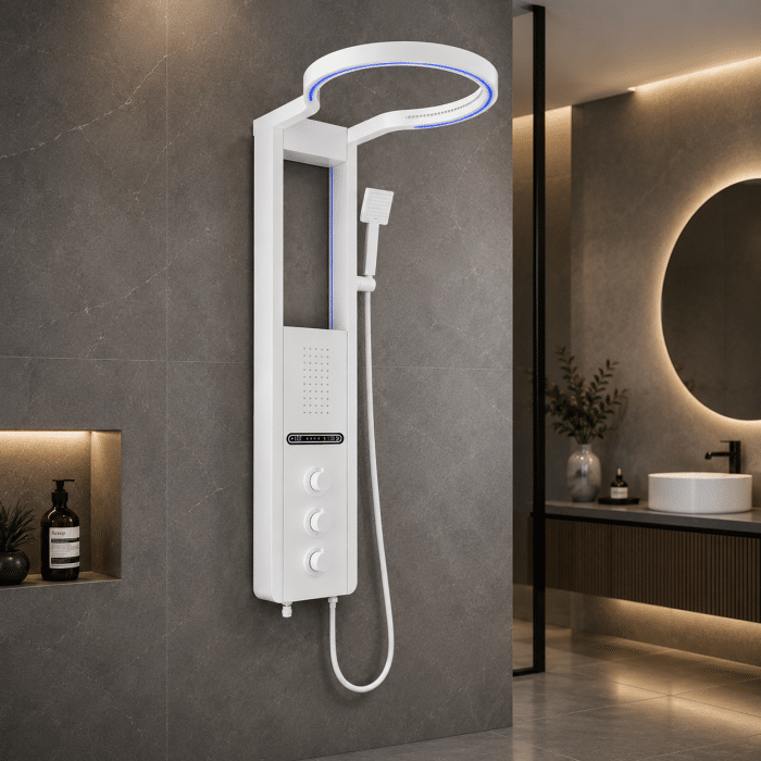 Panel de Dus cu Efect de Cascata si Jeturi cu Masaj, Afisaj Digital, LED Incorporat, Alb - imagine 3