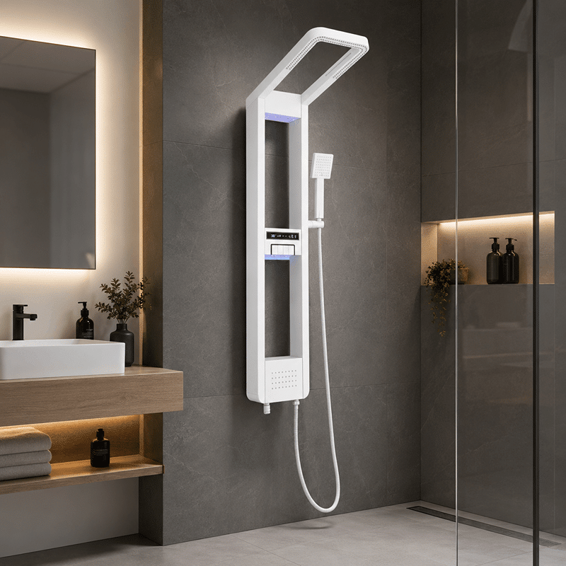 Panel de Dus cu Efect de Cascata si Jeturi cu Masaj, Afisaj Digital, LED Incorporat, Alb (2) Panel de Dus cu Efect de Cascata si Jeturi cu Masaj, Afisaj Digital, LED Incorporat, Alb - imagine 1