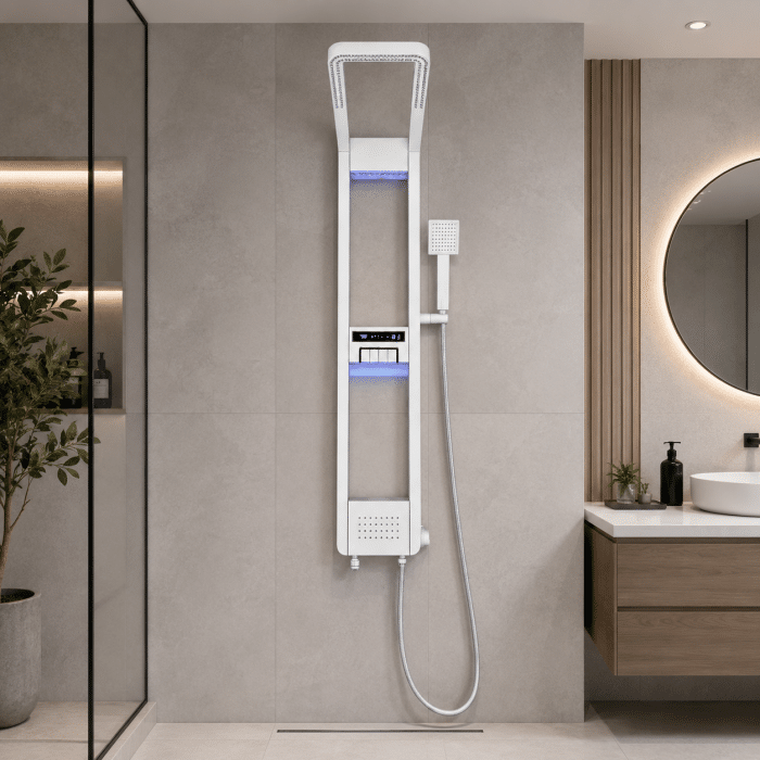 Panel de Dus cu Efect de Cascata si Jeturi cu Masaj, Afisaj Digital, LED Incorporat, Alb - imagine 4