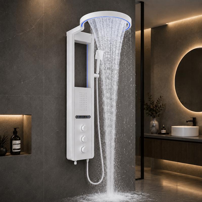 Panel de Dus cu Efect de Cascata si Jeturi cu Masaj, Afisaj Digital, LED Incorporat, Alb Panel de Dus cu Efect de Cascata si Jeturi cu Masaj, Afisaj Digital, LED Incorporat, Alb - imagine 1