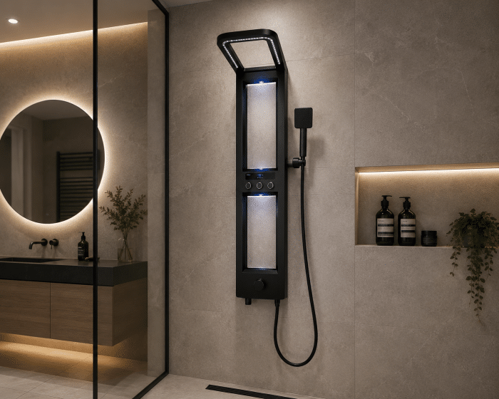 Panel de Dus cu Efect de Cascata si Jeturi cu Masaj, Afisaj Digital, LED Incorporat, Negru - imagine 6