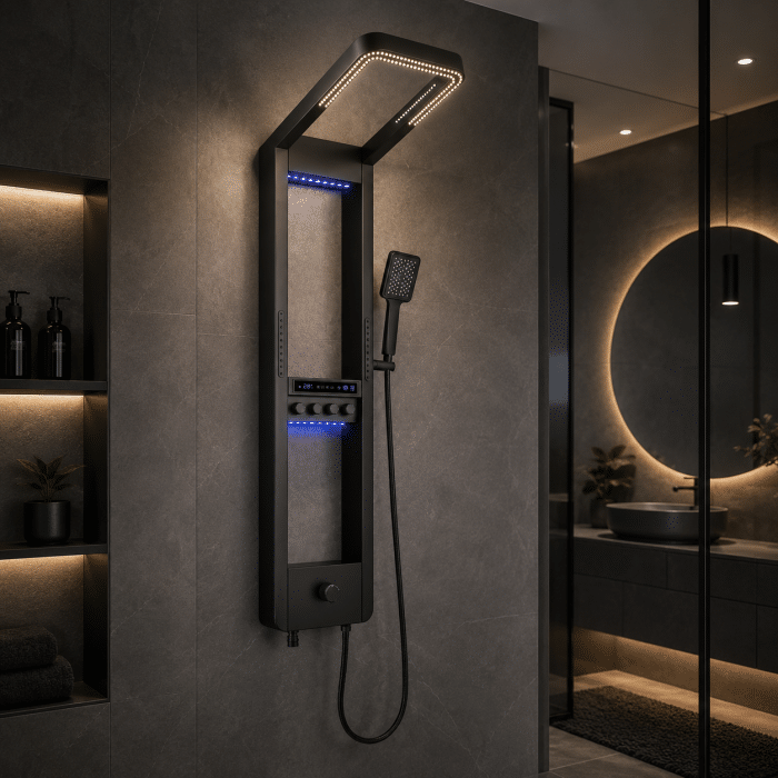 Panel de Dus cu Efect de Cascata si Jeturi cu Masaj, Afisaj Digital, LED Incorporat, Negru - imagine 5