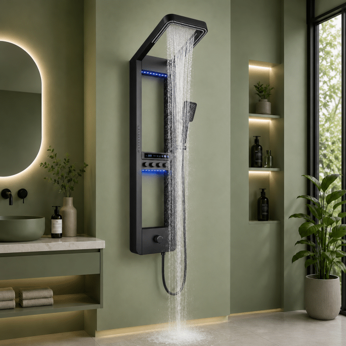 Panel de Dus cu Efect de Cascata si Jeturi cu Masaj, Afisaj Digital, LED Incorporat, Negru - imagine 2