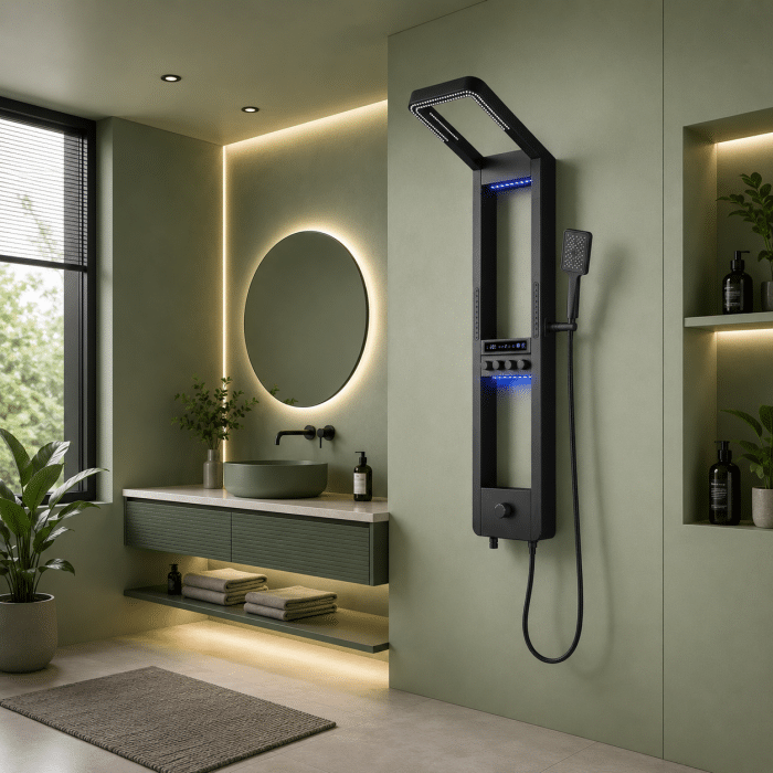 Panel de Dus cu Efect de Cascata si Jeturi cu Masaj, Afisaj Digital, LED Incorporat, Negru - imagine 4