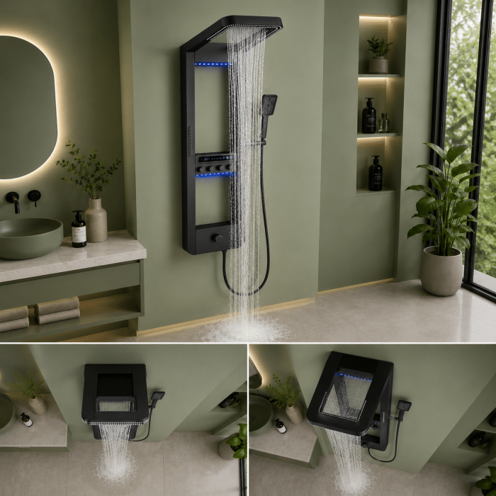 Panel de Dus cu Efect de Cascata si Jeturi cu Masaj, Afisaj Digital, LED Incorporat, Negru - imagine 3