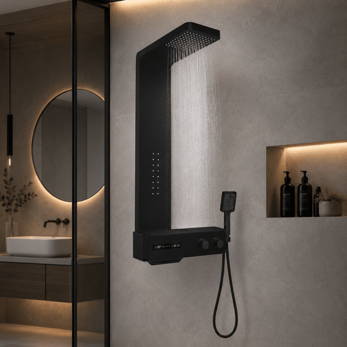 Panel de Dus cu Efect de Ploaie, Afisaj Digital, Jet cu Masaj, Negru Mat - imagine 2