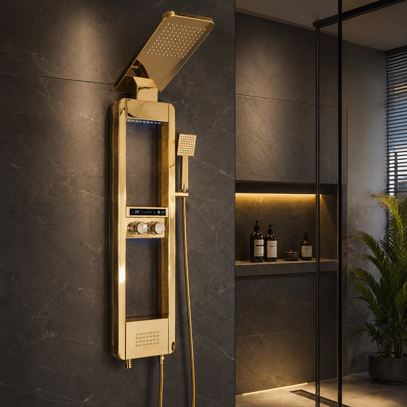 Panel de Dus cu Efect de Ploaie si Jeturi cu Masaj, Afisaj Digital, LED Incorporat, Auriu Lucios (1) Panel de Dus cu Efect de Ploaie si Jeturi cu Masaj, Afisaj Digital, LED Incorporat, Auriu Lucios - imagine 1
