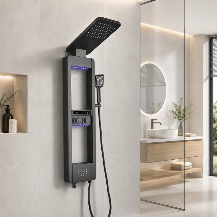 Panel de Dus cu Efect de Ploaie si Jeturi cu Masaj, Afisaj Digital, LED Incorporat, Negru - imagine 4