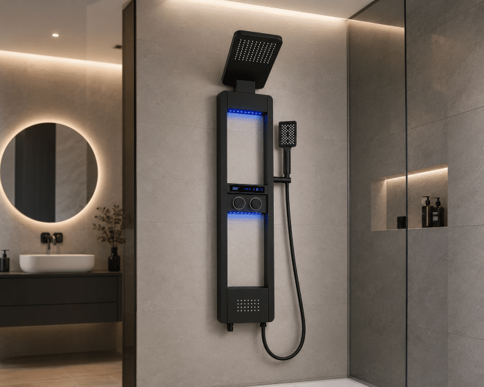 Panel de Dus cu Efect de Ploaie si Jeturi cu Masaj, Afisaj Digital, LED Incorporat, Negru - imagine 3