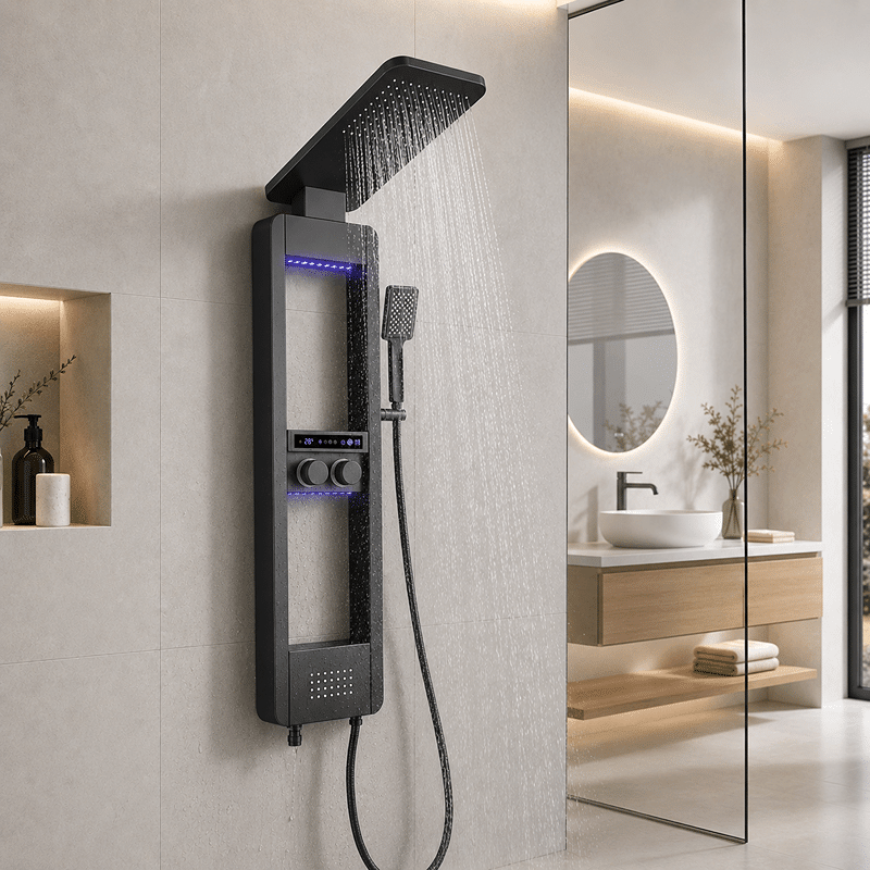 Panel de Dus cu Efect de Ploaie si Jeturi cu Masaj, Afisaj Digital, LED Incorporat, Negru (3) Panel de Dus cu Efect de Ploaie si Jeturi cu Masaj, Afisaj Digital, LED Incorporat, Negru - imagine 1