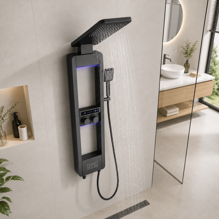 Panel de Dus cu Efect de Ploaie si Jeturi cu Masaj, Afisaj Digital, LED Incorporat, Negru - imagine 2