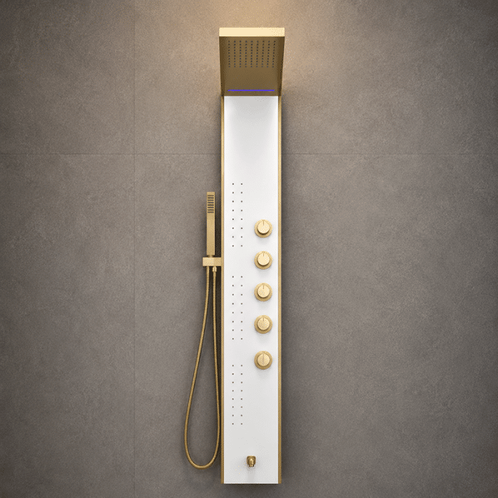 Panel de Dus cu Efect de Ploaie si Jeturi cu Masaj, Lumina LED, Auriu Lucios si Alb - imagine 2