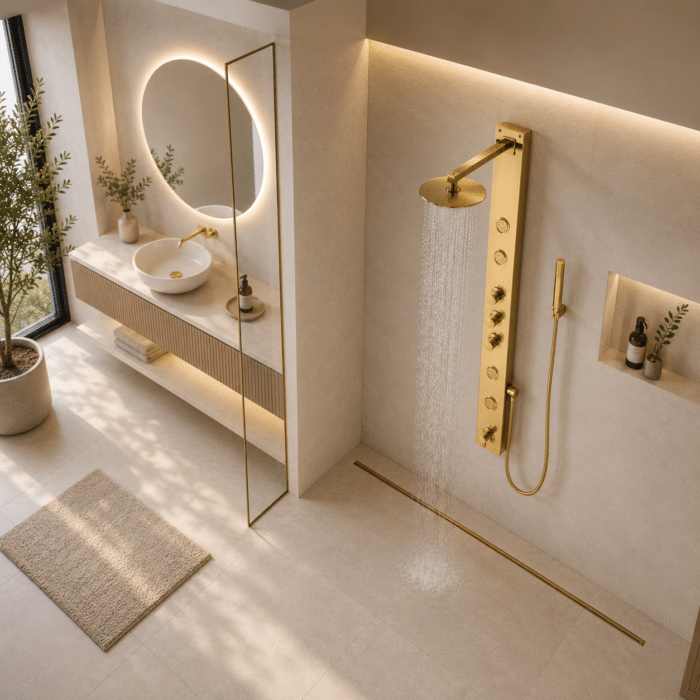 Panou de Duș Auriu Premium, Inox SUS304, 140x16 cm, 6 Funcții, Hidromasaj, Palarie Dus Efect Ploaie - imagine 2