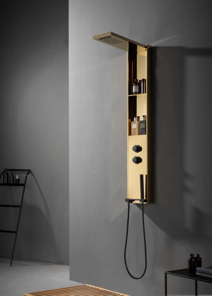 Panou de Duș Auriu Premium, Inox SUS304, 140x22 cm, Efect Ploaie și Cascadă, cu Rafturi Integrate - imagine 4