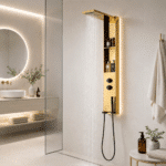Panou de Duș Auriu Premium, Inox SUS304, 140x22 cm, Efect Ploaie și Cascadă, cu Rafturi Integrate - imagine 6