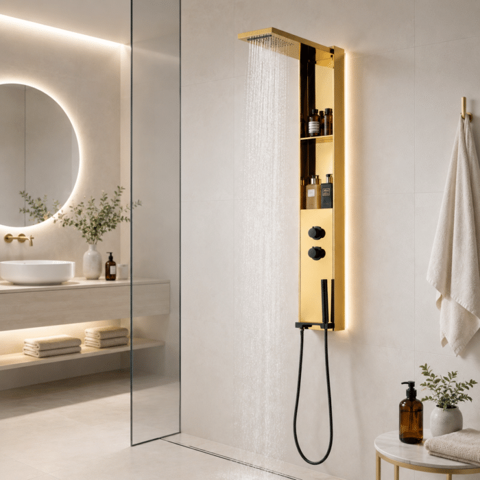 Panou de Duș Auriu Premium, Inox SUS304, 140x22 cm, Efect Ploaie și Cascadă, cu Rafturi Integrate - imagine 6