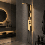 Panou de Duș Auriu Premium, Inox SUS304, 140x22 cm, Efect Ploaie și Cascadă, cu Rafturi Integrate - imagine 7
