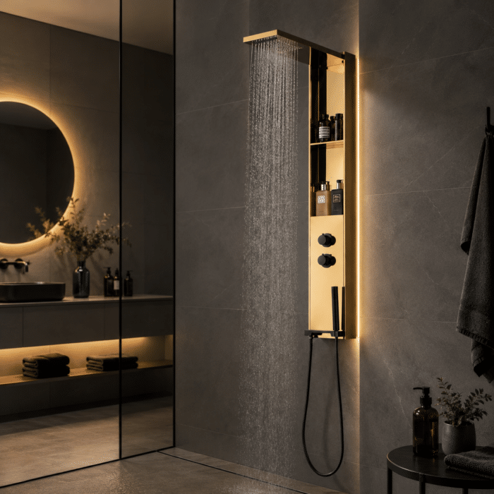 Panou de Duș Auriu Premium, Inox SUS304, 140x22 cm, Efect Ploaie și Cascadă, cu Rafturi Integrate - imagine 7