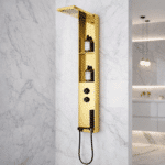 Panou de Duș Auriu Premium, Inox SUS304, 140x22 cm, Efect Ploaie și Cascadă, cu Rafturi Integrate