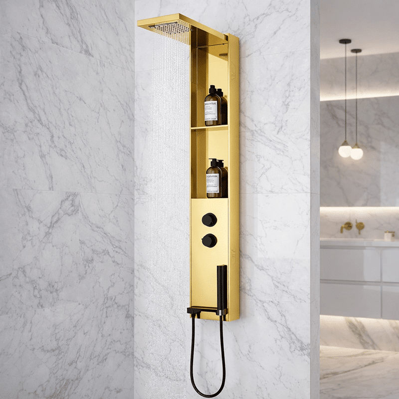 Panou de Duș Auriu Premium, Inox SUS304, 140x22 cm, Efect Ploaie și Cascadă, cu Rafturi Integrate (4) Panou de Duș Auriu Premium, Inox SUS304, 140x22 cm, Efect Ploaie și Cascadă, cu Rafturi Integrate - imagine 1