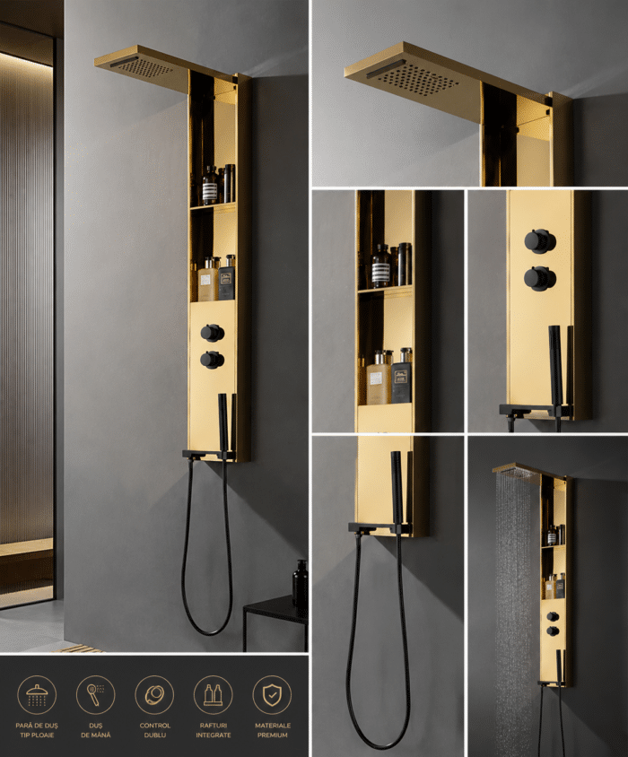 Panou de Duș Auriu Premium, Inox SUS304, 140x22 cm, Efect Ploaie și Cascadă, cu Rafturi Integrate - imagine 2