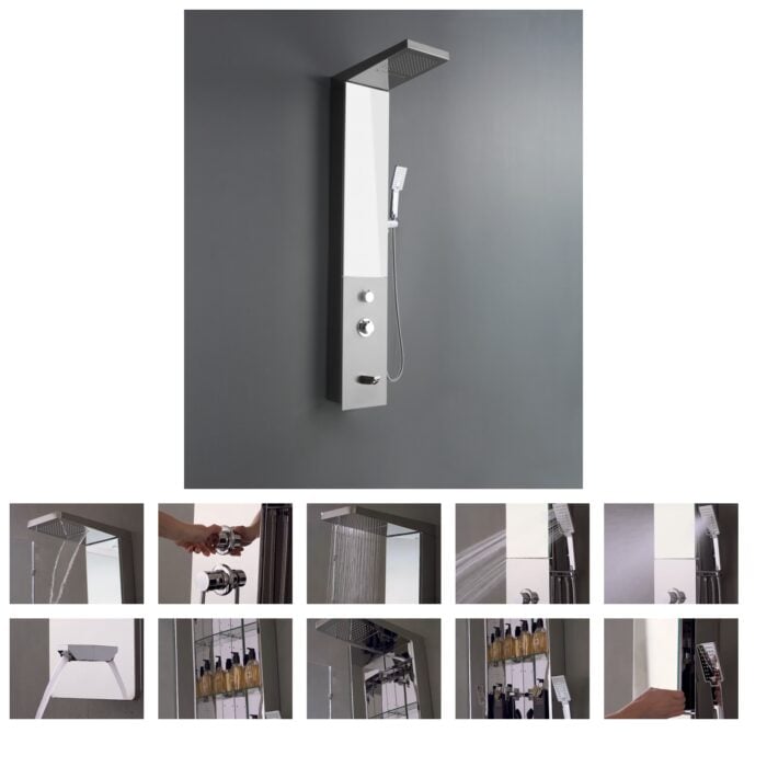 Panou de Duș Premium Crom, Oglindă Integrată și Dulap cu Rafturi, Inox, 140x23 cm - imagine 15
