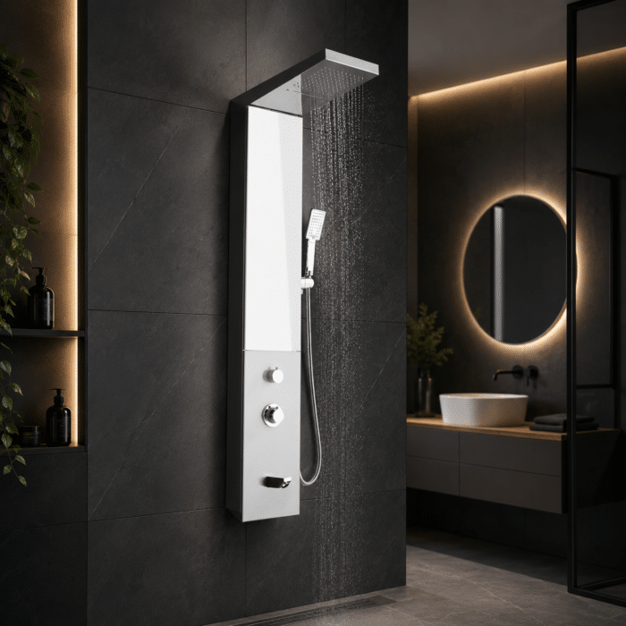 Panou de Duș Premium Crom, Oglindă Integrată și Dulap cu Rafturi, Inox, 140x23 cm - imagine 13