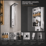Panou de Duș Premium Crom, Oglindă Integrată și Dulap cu Rafturi, Inox, 140x23 cm