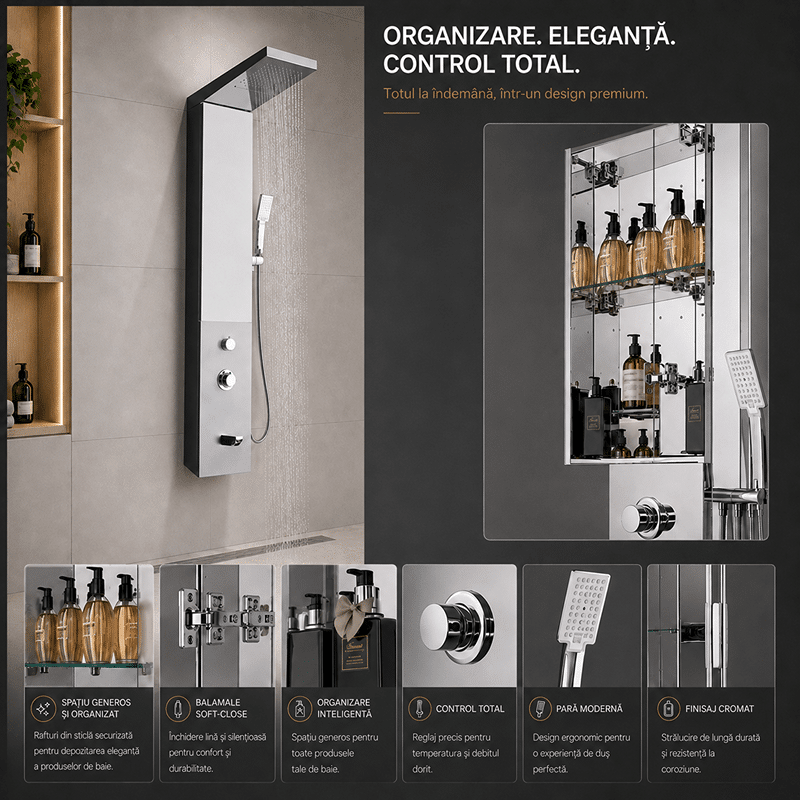Panou de Duș Premium Crom, Oglindă Integrată și Dulap cu Rafturi, Inox, 140x23 cm Panou de Duș Premium Crom, Oglindă Integrată și Dulap cu Rafturi, Inox, 140x23 cm - imagine 1