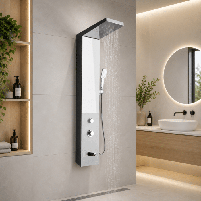 Panou de Duș Premium Crom, Oglindă Integrată și Dulap cu Rafturi, Inox, 140x23 cm - imagine 2