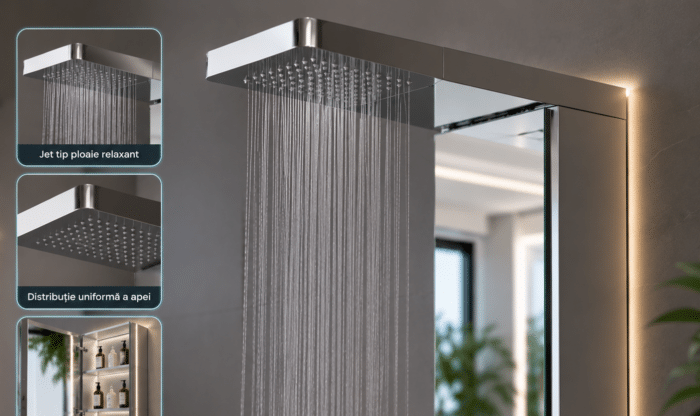 Panou de Duș Premium Crom, Oglindă Integrată și Dulap cu Rafturi, Inox, 140x23 cm - imagine 4
