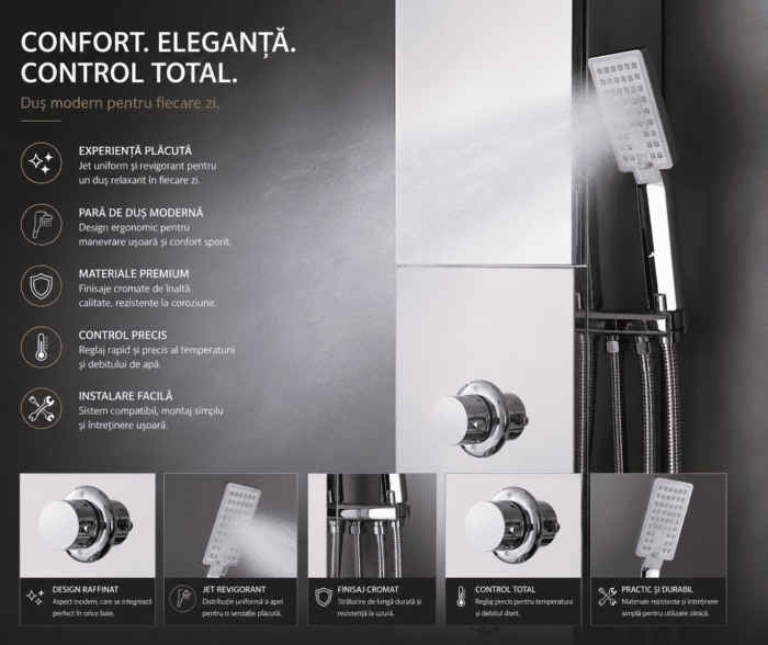 Panou de Duș Premium Crom, Oglindă Integrată și Dulap cu Rafturi, Inox, 140x23 cm - imagine 10