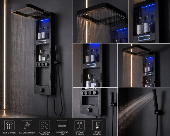 Panou de Duș Premium Negru Mat cu LED Albastru și Afișaj Digital, Inox SUS304, 119x36x8 cm - imagine 3