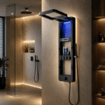 Panou de Duș Premium Negru Mat cu LED Albastru și Afișaj Digital, Inox SUS304, 119x36x8 cm