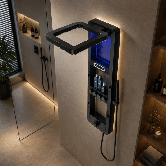 Panou de Duș Premium Negru Mat cu LED Albastru și Afișaj Digital, Inox SUS304, 119x36x8 cm - imagine 2