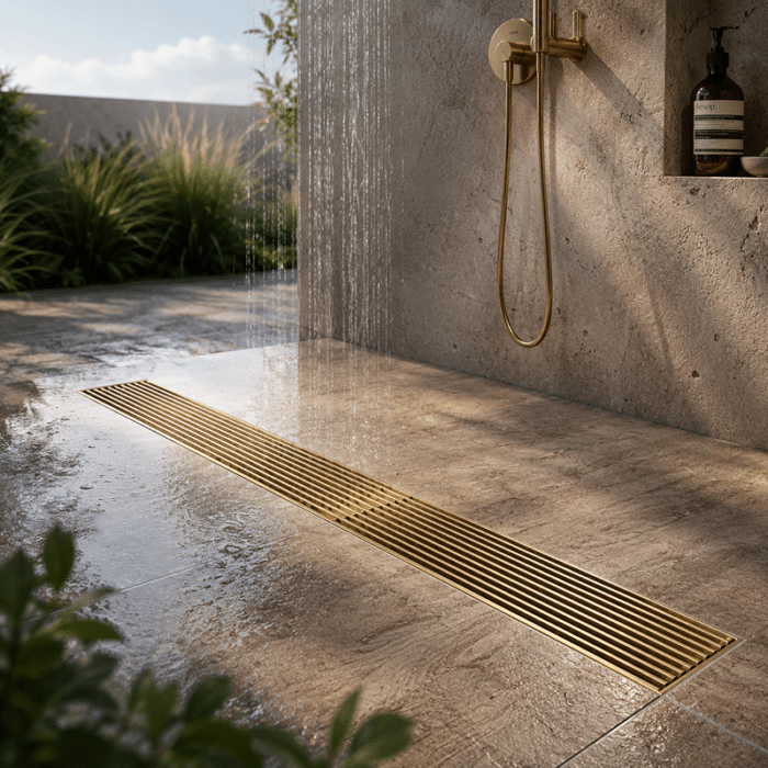 Rigolă de Duș din Inox 57x400 mm, Auriu Periat, Reversibilă 2 în 1, cu Sifon Detașabil - imagine 2