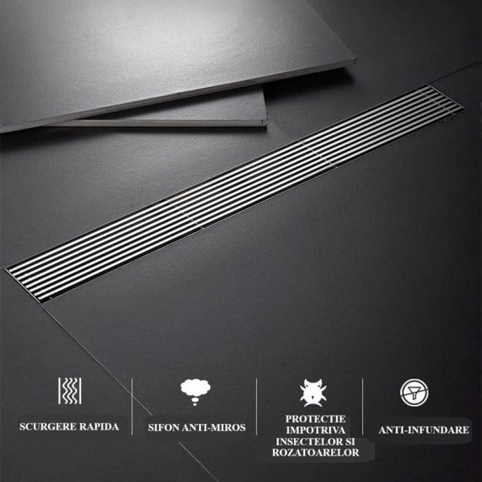 Rigolă de Duș din Inox 57x400 mm, Crom, Reversibilă 2 în 1, cu Sifon Detașabil - imagine 12