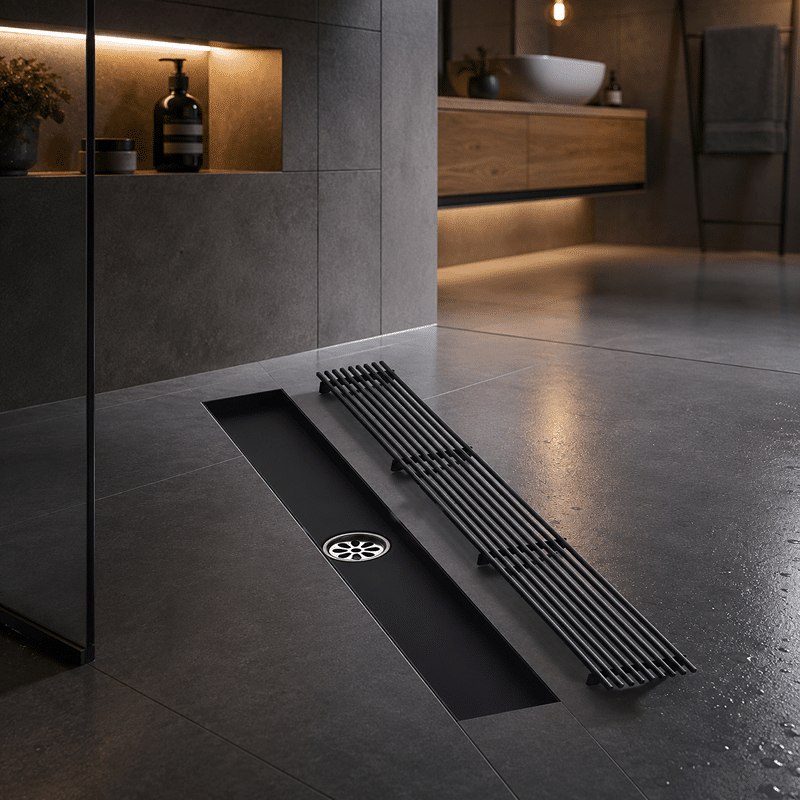Rigolă de Duș din Inox 57x400 mm, Negru Mat, Reversibilă 2 în 1, cu Sifon Detașabil (1) Rigolă de Duș din Inox 57x400 mm, Negru Mat, Reversibilă 2 în 1, cu Sifon Detașabil - imagine 1