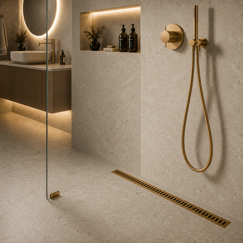 Rigolă de Duș din Inox 600x32 mm, Auriu Periat, Reversibilă 2 în 1, cu Sifon Detașabil Rigolă de Duș din Inox 600x32 mm, Auriu Periat, Reversibilă 2 în 1, cu Sifon Detașabil - imagine 1