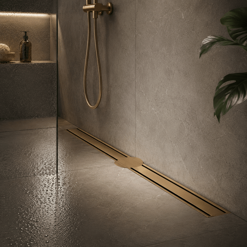 Rigolă de Duș din Inox 600x32 mm, Auriu Periat, Reversibilă 2 în 1, cu Sifon Detașabil Rigolă de Duș din Inox 600x32 mm, Auriu Periat, Reversibilă 2 în 1, cu Sifon Detașabil - imagine 1